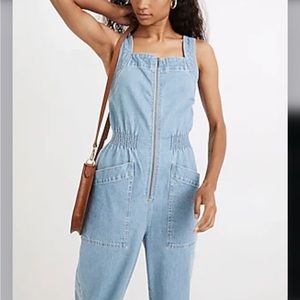 denim zip smock waist jumpsuit in Baisley wash